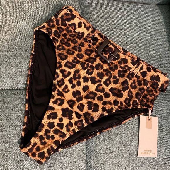 Good American Brown Leopard Print Showoff Belted Bikini Bottoms Womens Size 1 - Picture 4 of 8